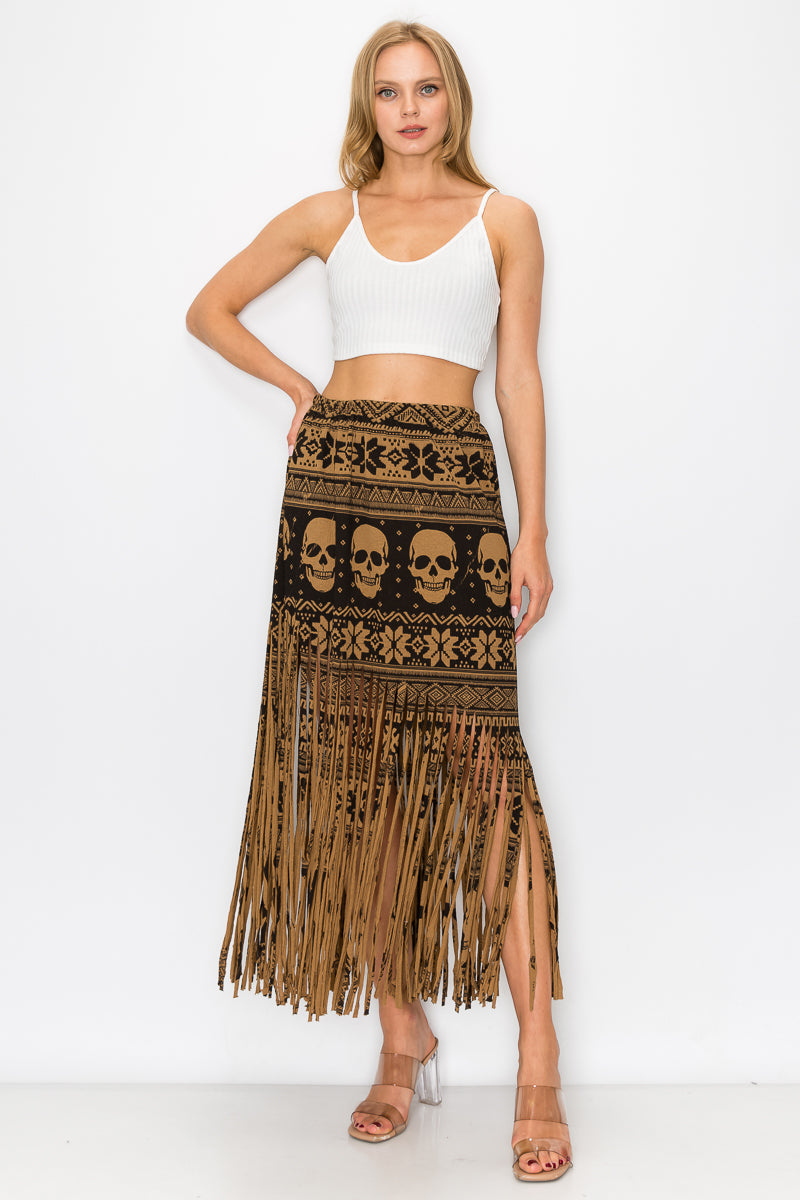 Elastic Waist Skull Printed Fringe Skirt for Women | Eunanara