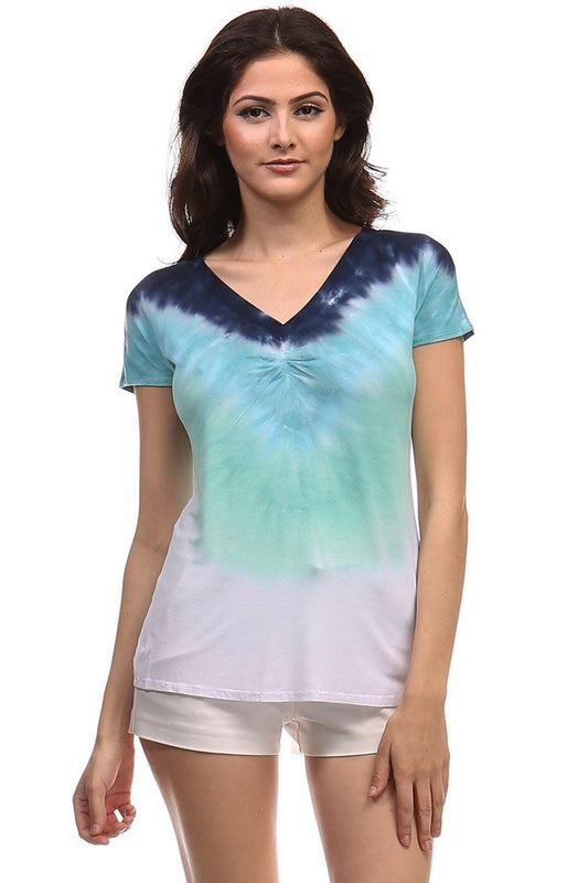 Women's Tie Dye Short Sleeve Tops -  Mint Tie Dye V-neck Top