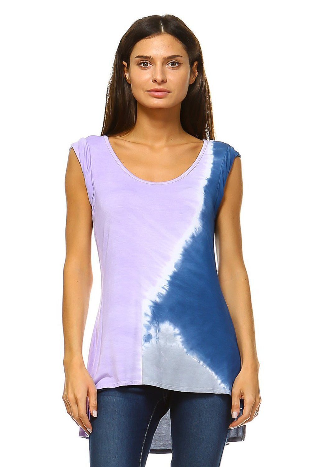 Women's Tunic Tops -  Lilac & Navy Color Block Tie Dye Short Sleeve