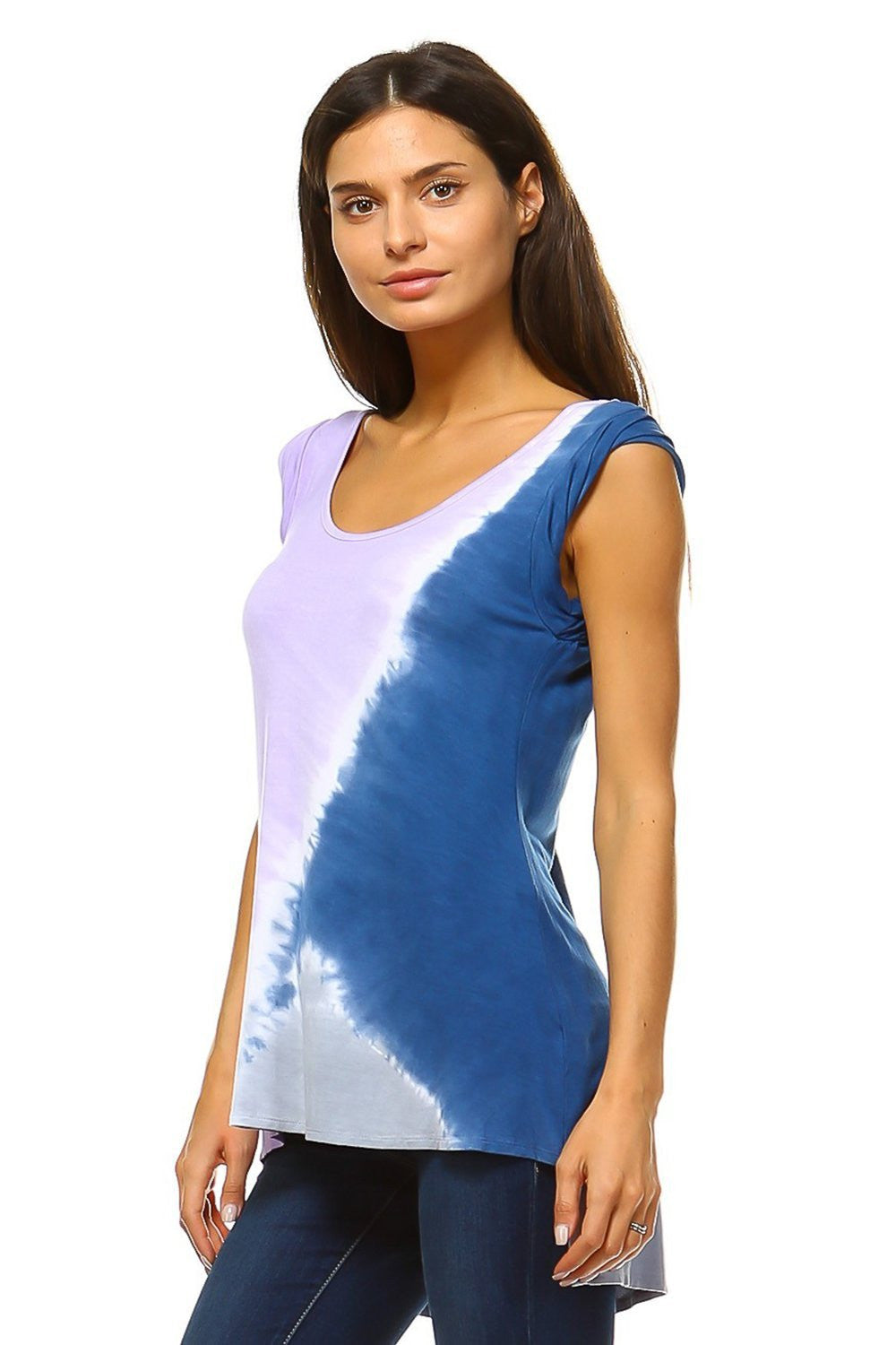 Women's Tunic Tops -  Lilac & Navy Color Block Tie Dye Short Sleeve