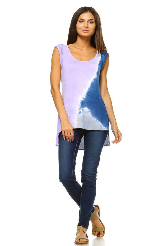 Women's Tunic Tops -  Lilac & Navy Color Block Tie Dye Short Sleeve