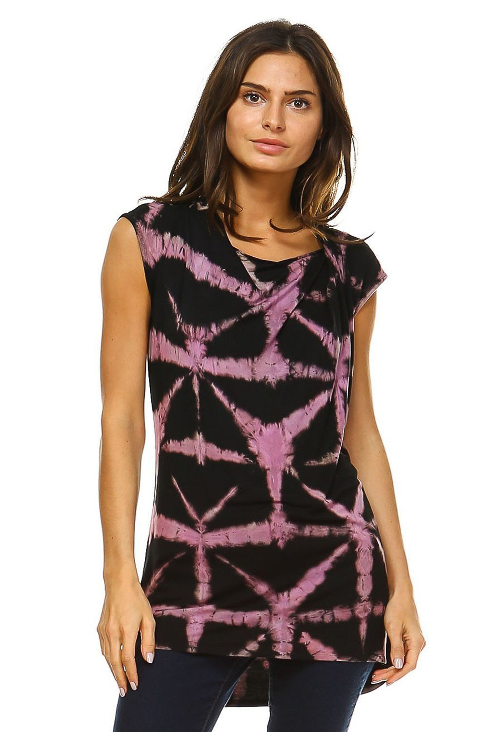 Women Tops - Black & Lavender Abstract Tie-Dye Tunic Top