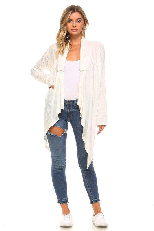 Ivory Asymmetric Tunic Knit Cardigan With Button Trim Detail