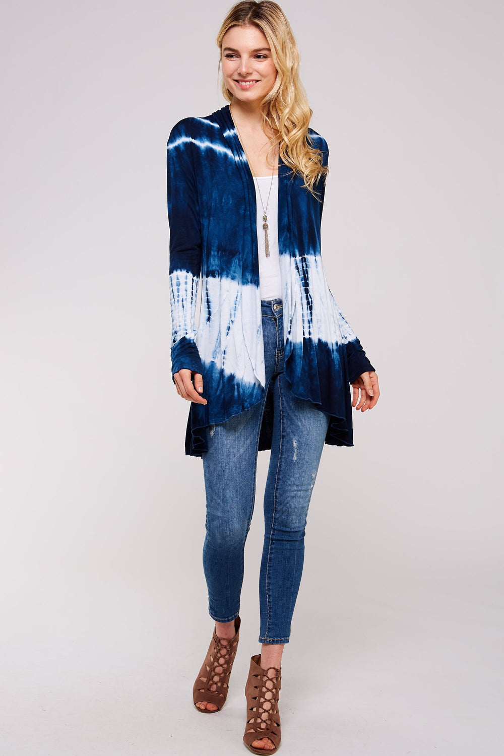 Navy And White Bamboo Tie Dye Long Sleeve Hi-Low Cardigan