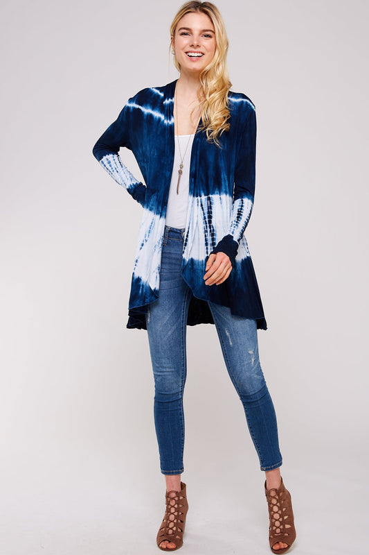 Navy And White Bamboo Tie Dye Long Sleeve Hi-Low Cardigan