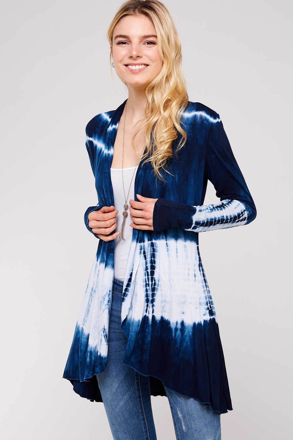 Navy And White Bamboo Tie Dye Long Sleeve Hi-Low Cardigan