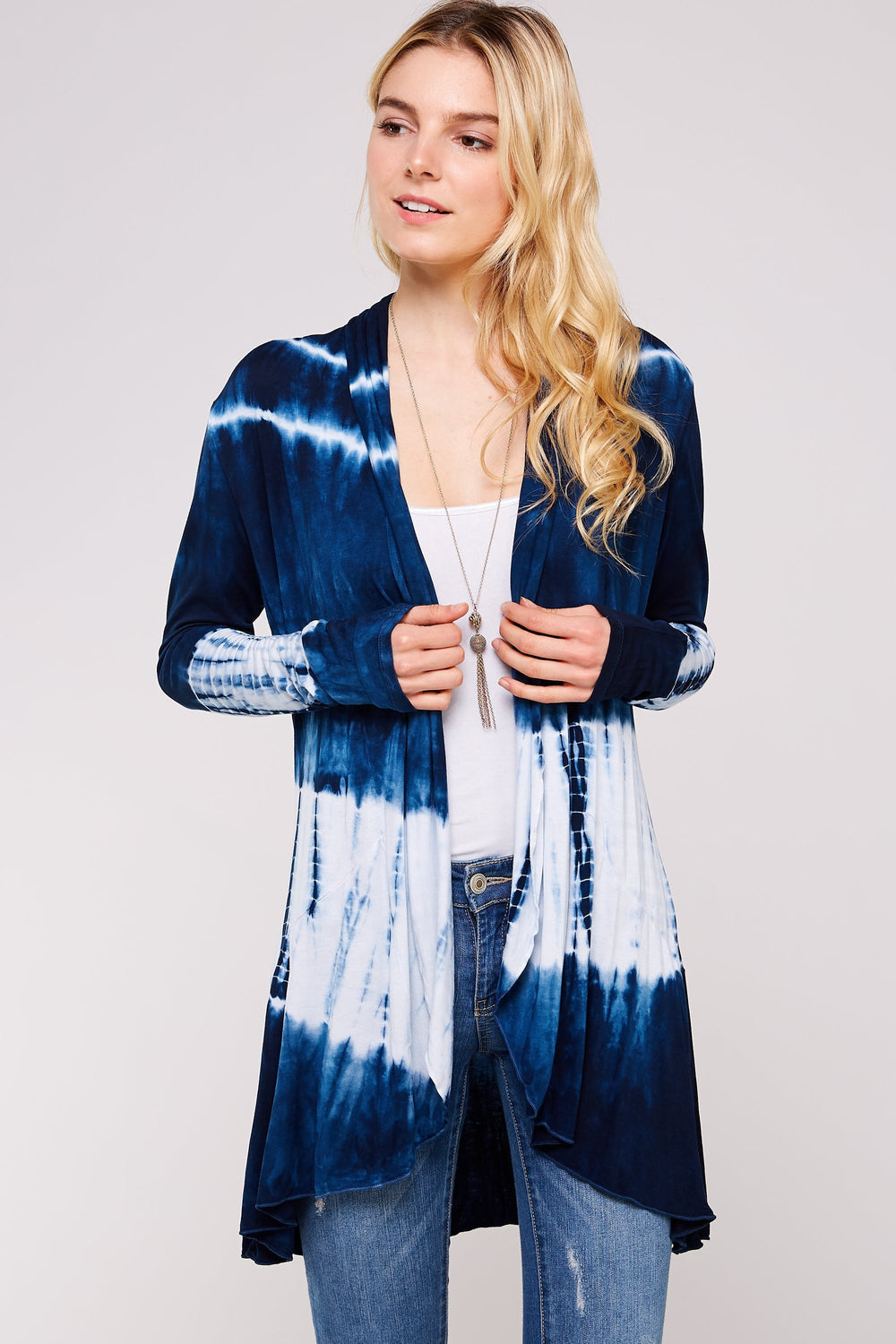 Navy And White Bamboo Tie Dye Long Sleeve Hi-Low Cardigan