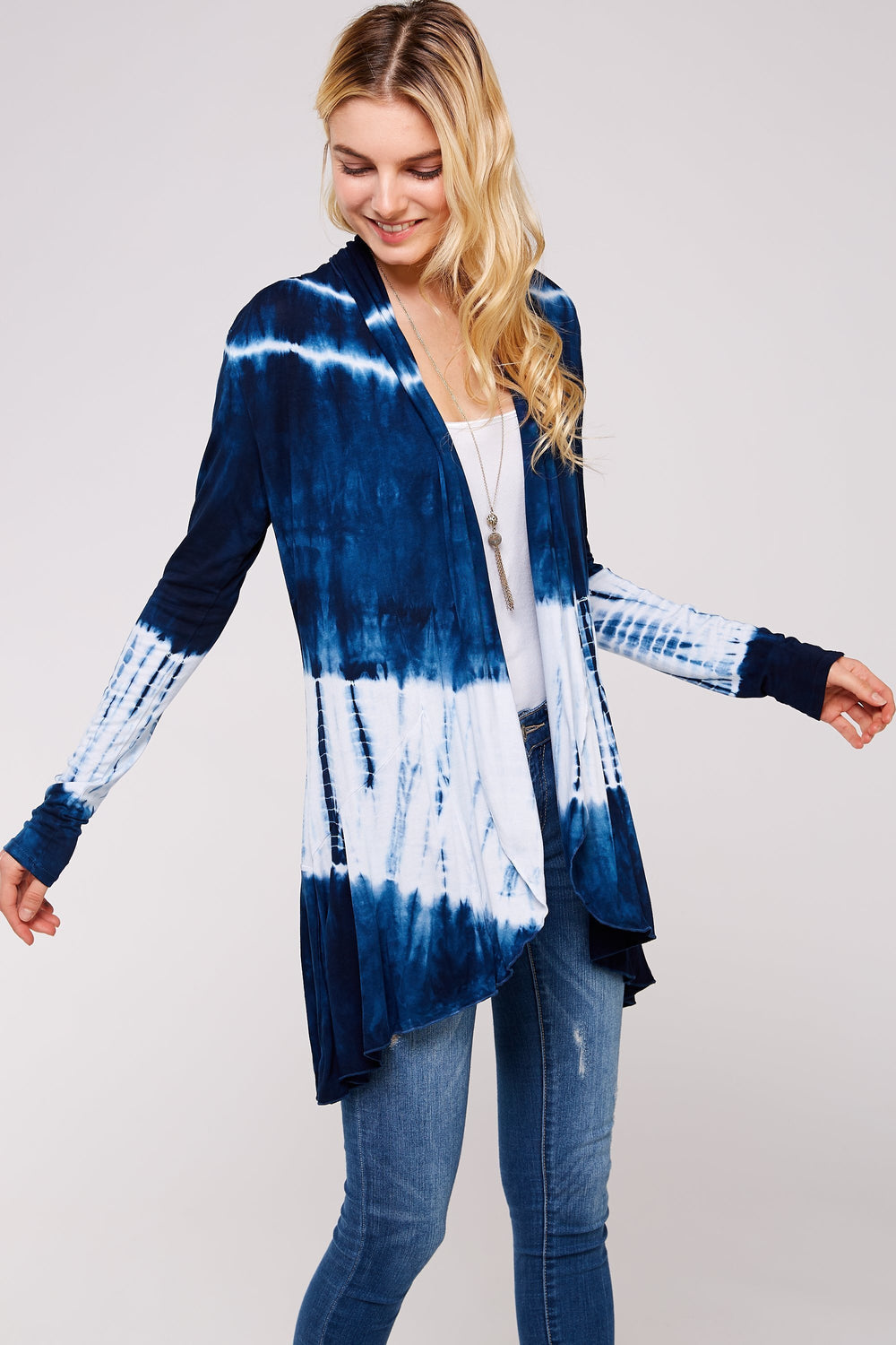 Navy And White Bamboo Tie Dye Long Sleeve Hi-Low Cardigan