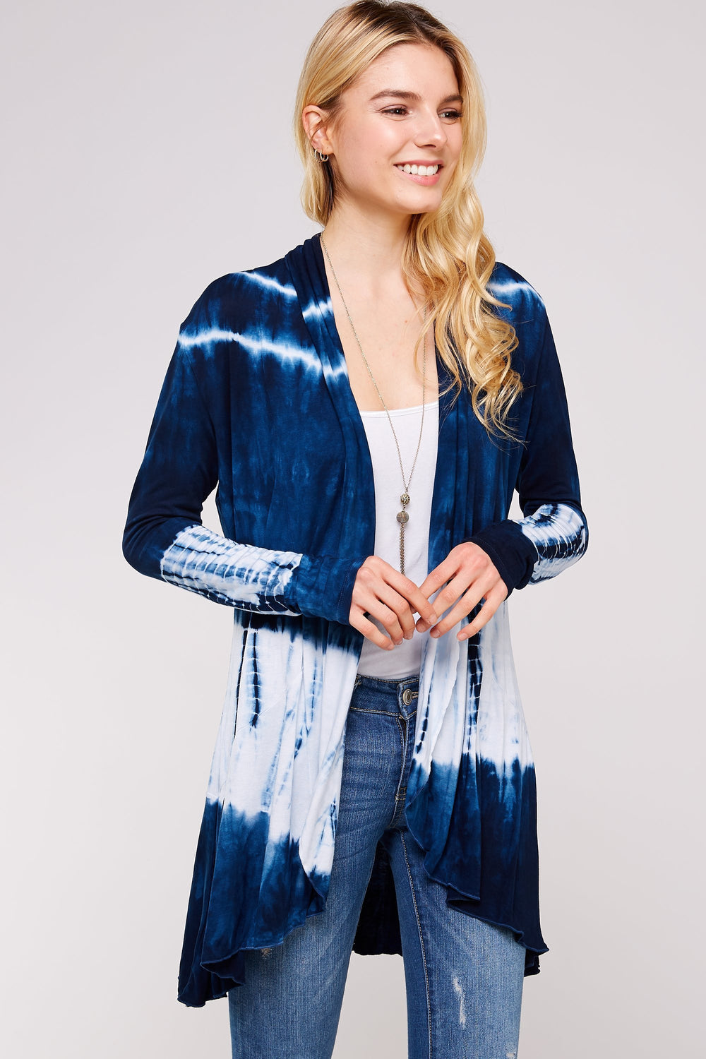 Navy And White Bamboo Tie Dye Long Sleeve Hi-Low Cardigan