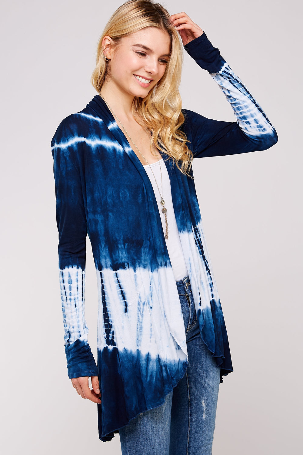 Navy And White Bamboo Tie Dye Long Sleeve Hi-Low Cardigan