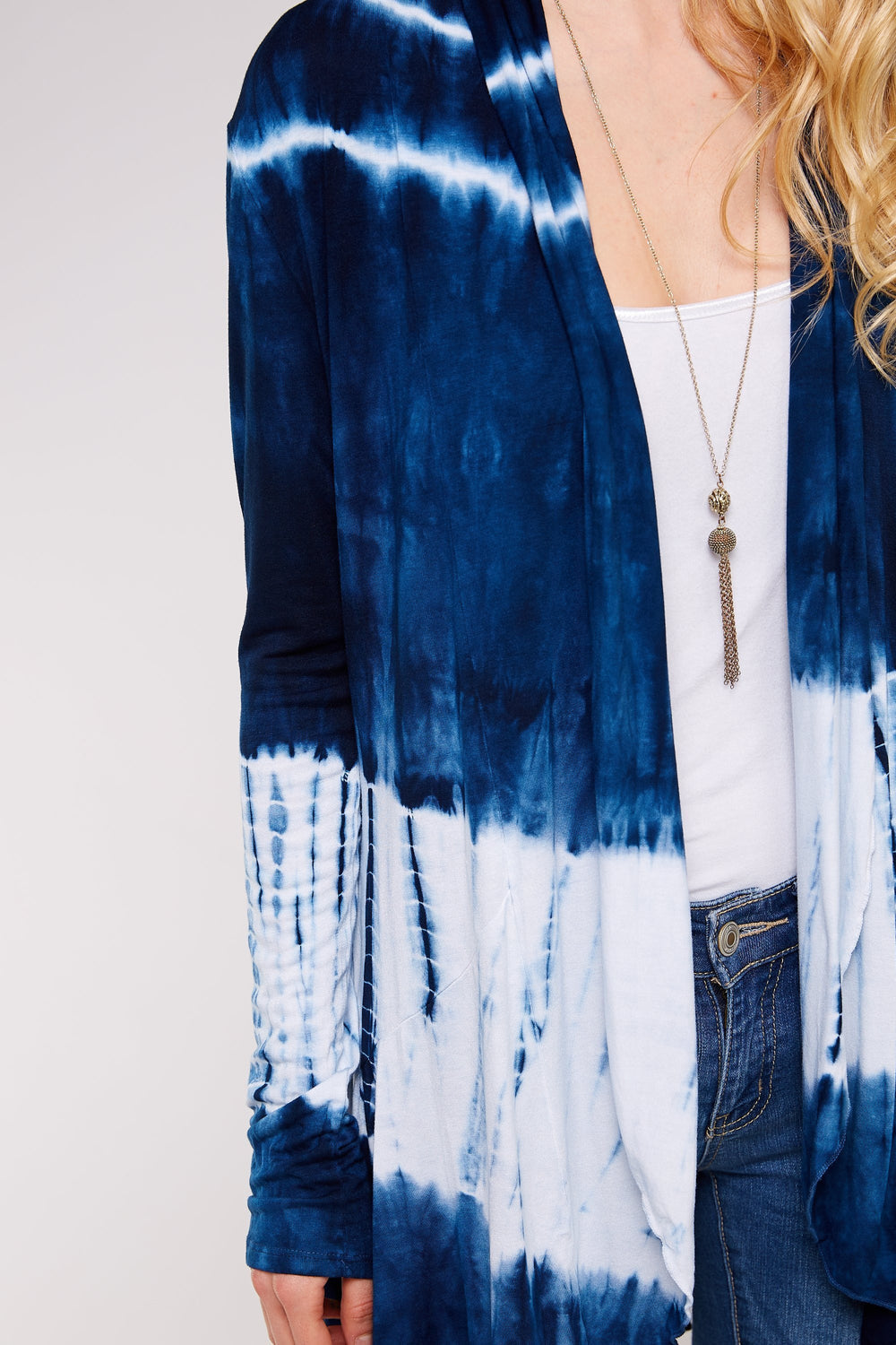 Navy And White Bamboo Tie Dye Long Sleeve Hi-Low Cardigan