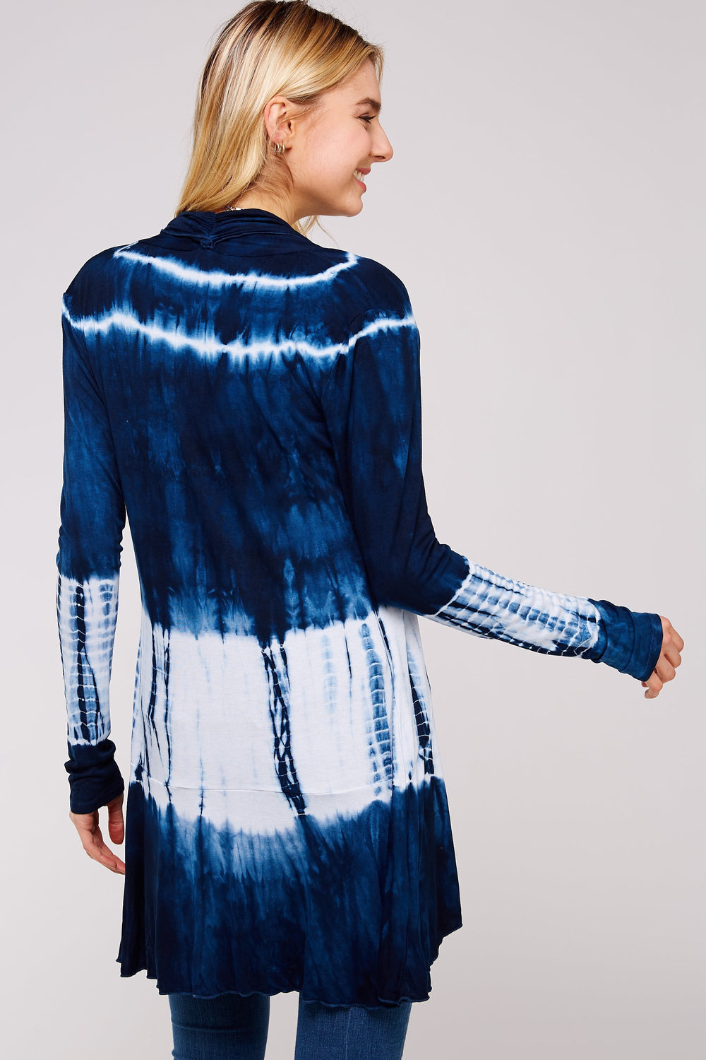 Navy And White Bamboo Tie Dye Long Sleeve Hi-Low Cardigan