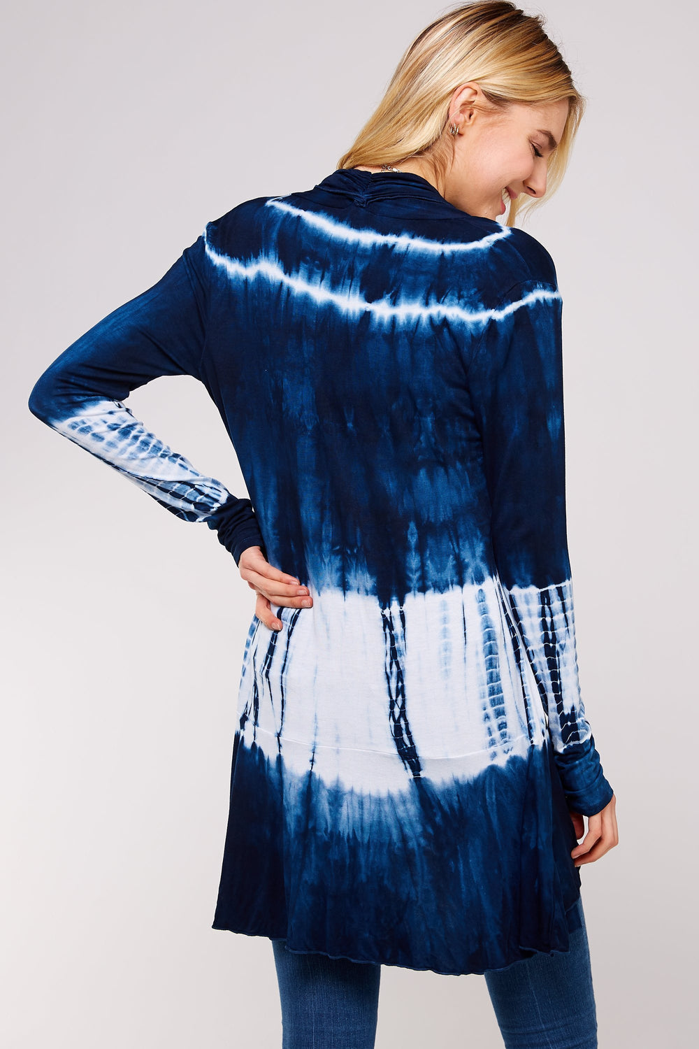 Navy And White Bamboo Tie Dye Long Sleeve Hi-Low Cardigan