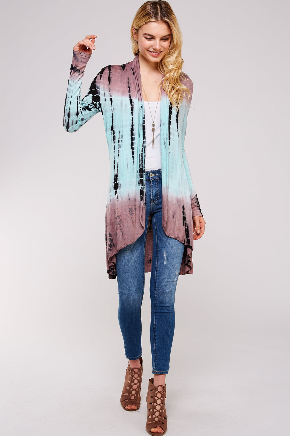 Plus Size Mocha And Mint Two Tone Bamboo Tie Dye Long Sleeve Cardigan / Hem