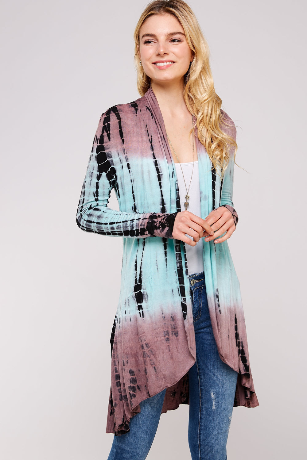 Plus Size Mocha And Mint Two Tone Bamboo Tie Dye Long Sleeve Cardigan / Hem