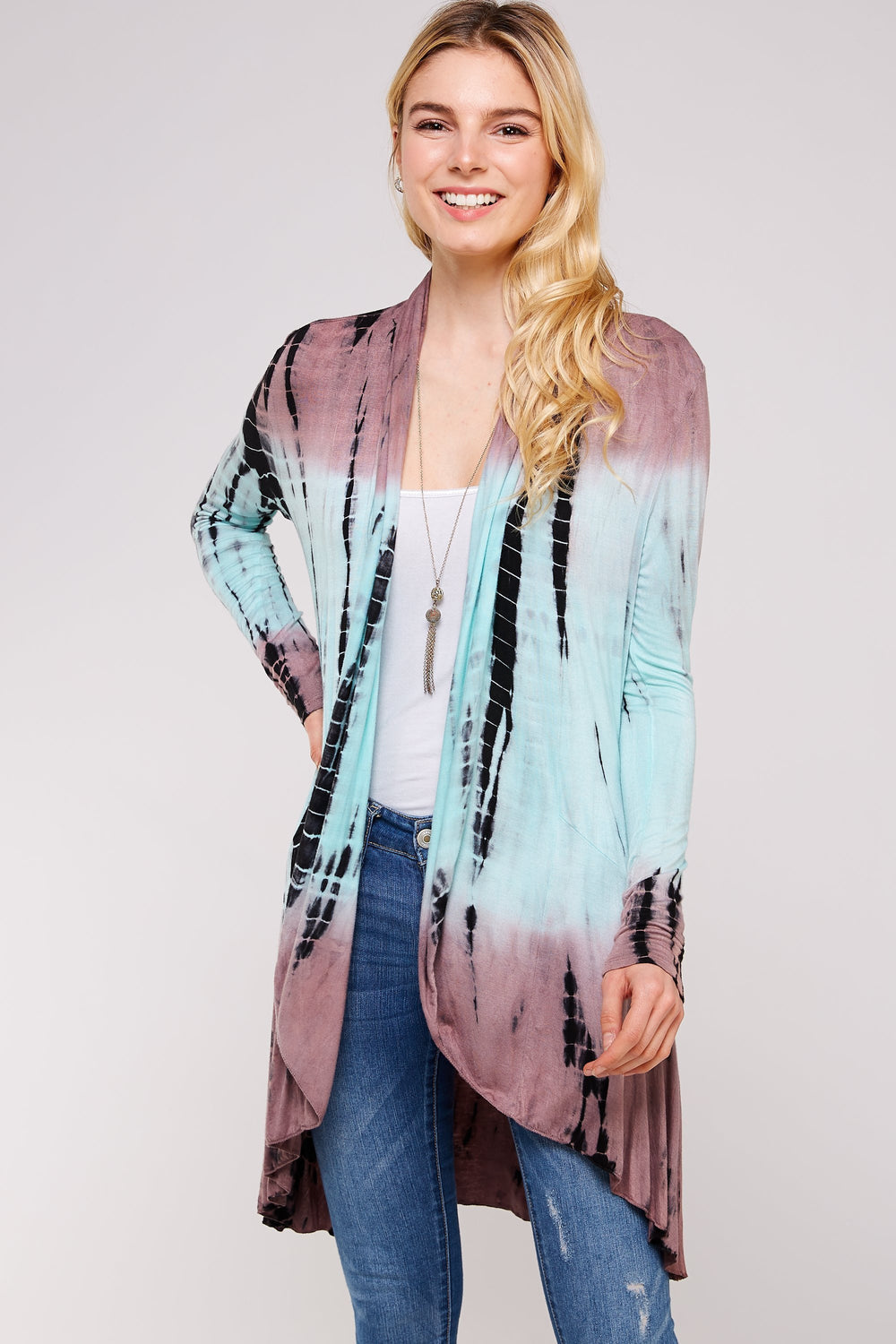 Plus Size Mocha And Mint Two Tone Bamboo Tie Dye Long Sleeve Cardigan / Hem