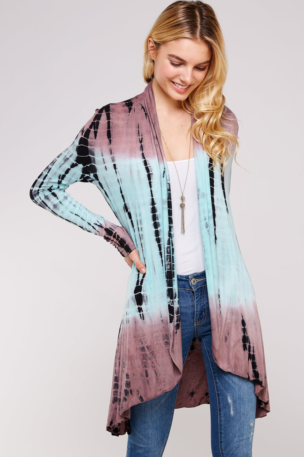 Plus Size Mocha And Mint Two Tone Bamboo Tie Dye Long Sleeve Cardigan / Hem