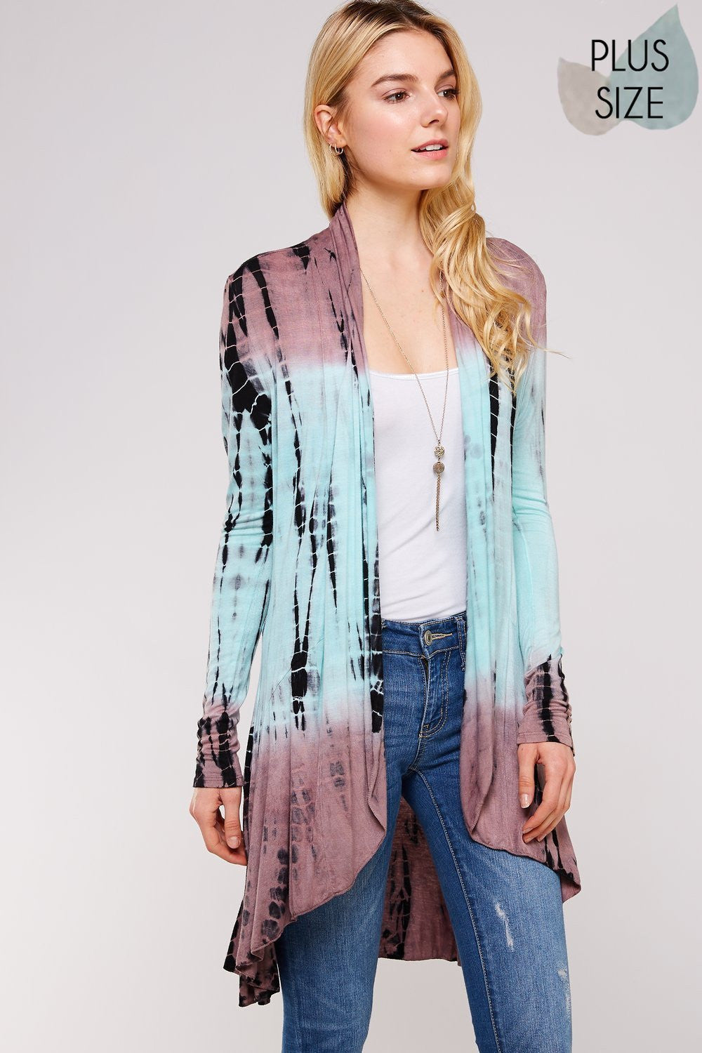 Plus Size Mocha And Mint Two Tone Bamboo Tie Dye Long Sleeve Cardigan / Hem