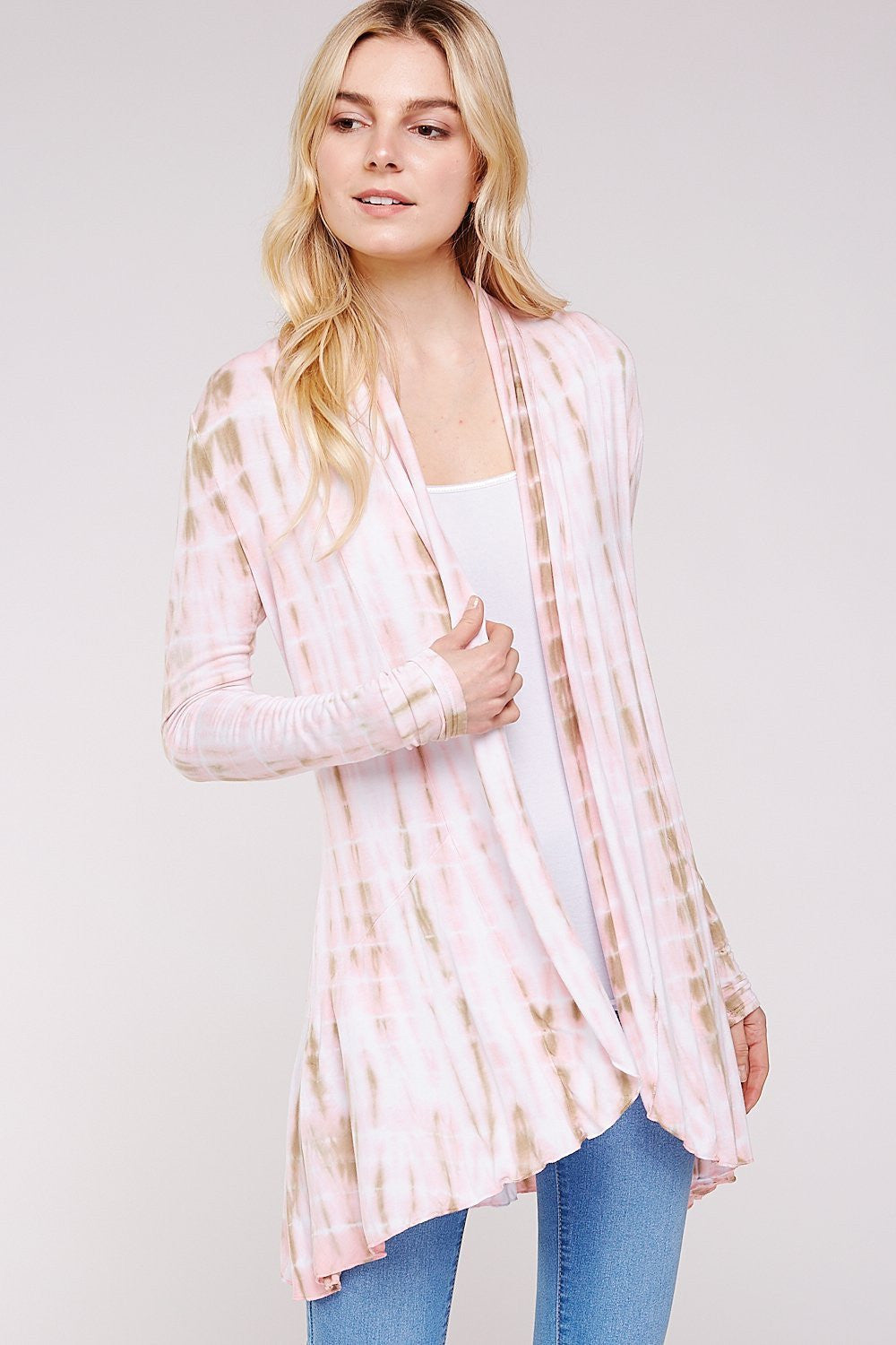 Long Sleeve A-line Pink & Mocha Tie Dye Knit Cardigan/Ruffled Hem