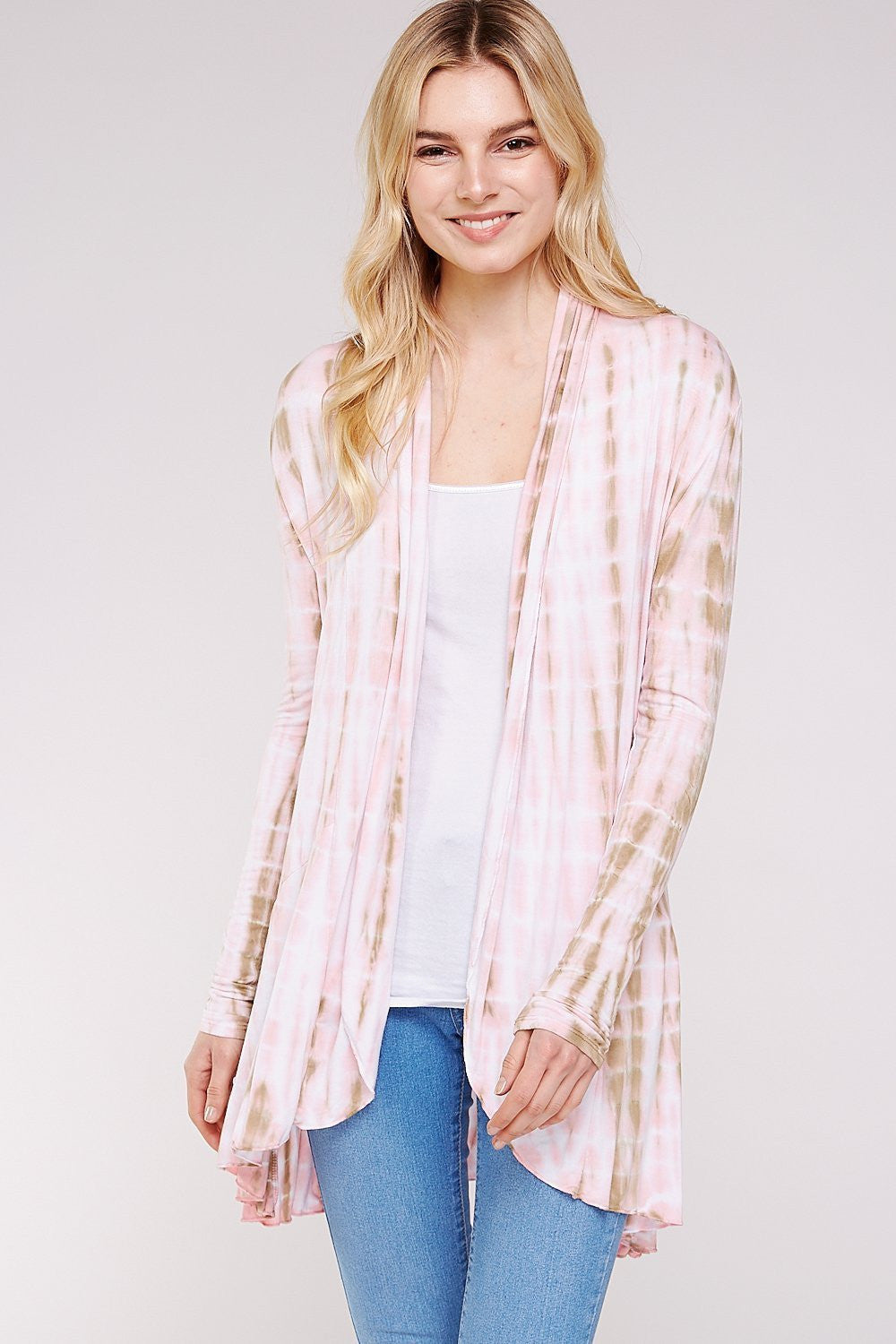 Long Sleeve A-line Pink & Mocha Tie Dye Knit Cardigan/Ruffled Hem