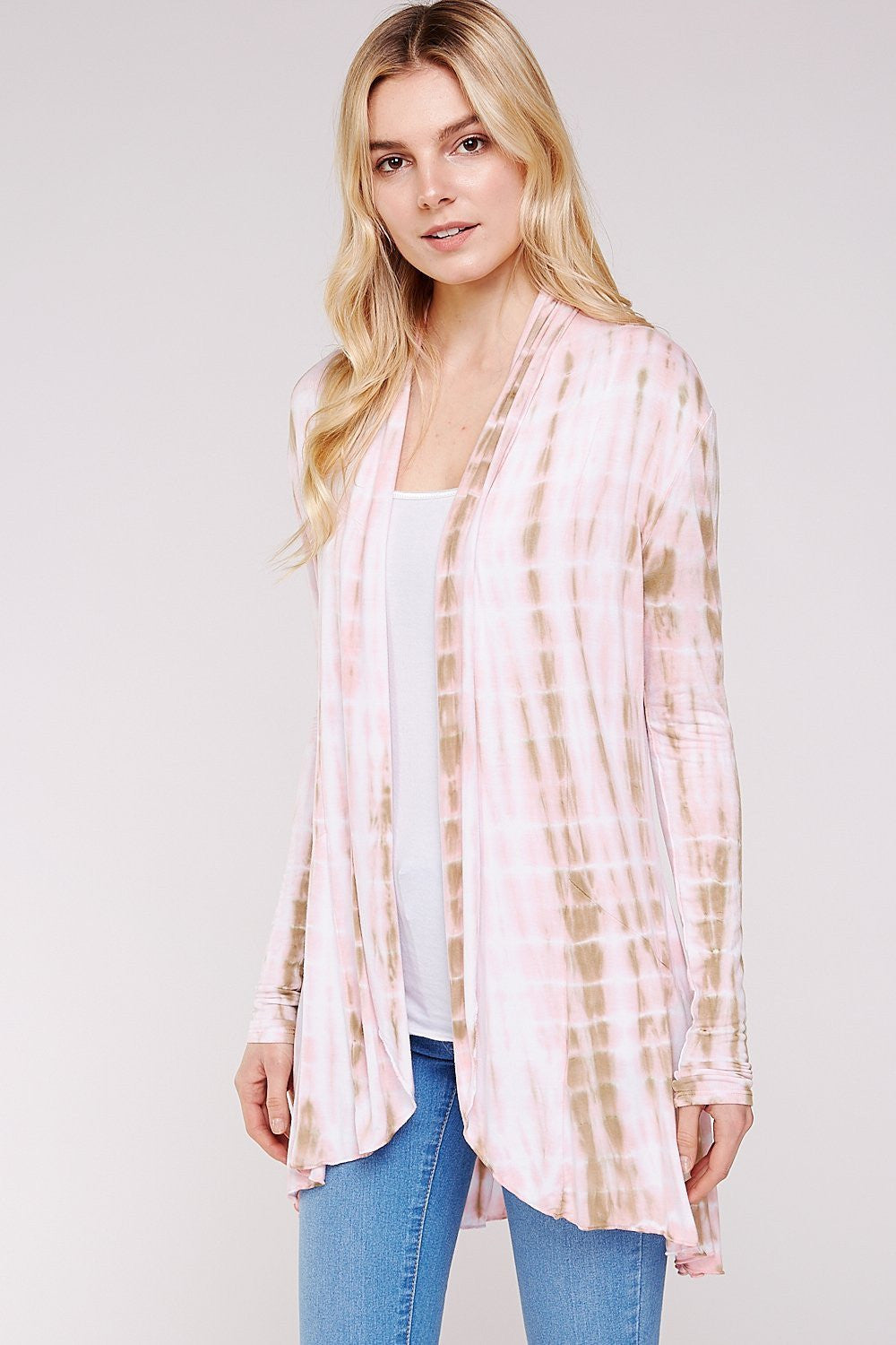 Long Sleeve A-line Pink & Mocha Tie Dye Knit Cardigan/Ruffled Hem