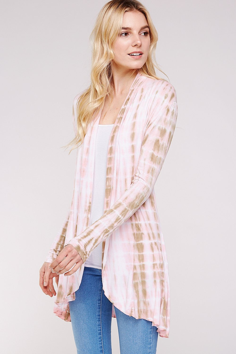 Long Sleeve A-line Pink & Mocha Tie Dye Knit Cardigan/Ruffled Hem