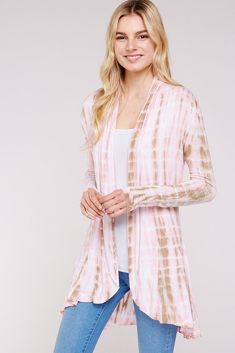 Long Sleeve A-line Pink & Mocha Tie Dye Knit Cardigan/Ruffled Hem