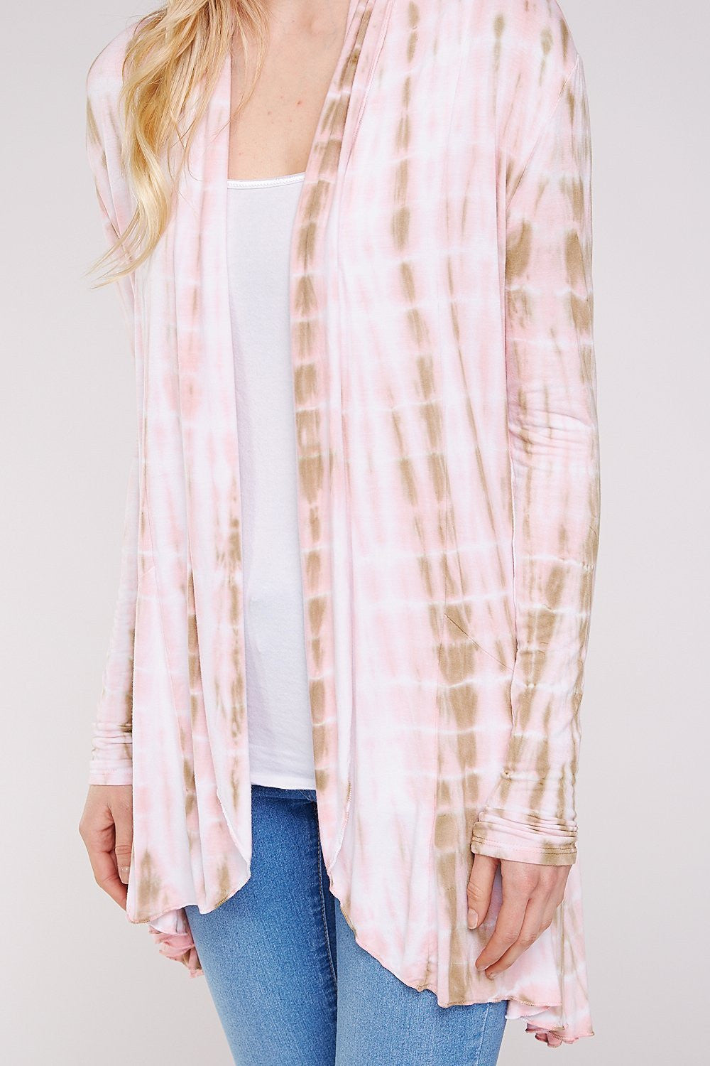 Long Sleeve A-line Pink & Mocha Tie Dye Knit Cardigan/Ruffled Hem