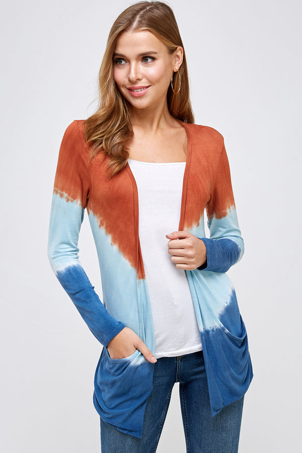 Out wear Cardigan Burnt Orange And Blue  Three Tone Dip Tie Dye Long Sleeve