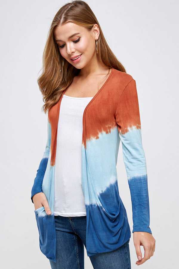 Out wear Cardigan Burnt Orange And Blue  Three Tone Dip Tie Dye Long Sleeve