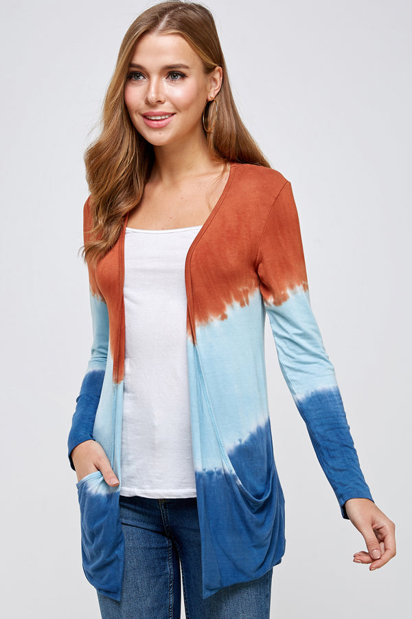 Out wear Cardigan Burnt Orange And Blue  Three Tone Dip Tie Dye Long Sleeve