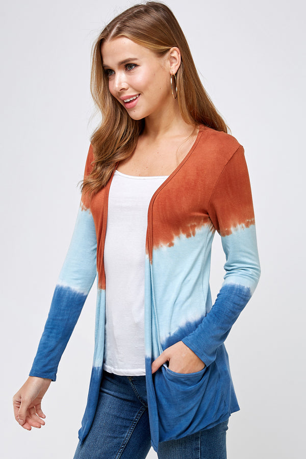 Out wear Cardigan Burnt Orange And Blue  Three Tone Dip Tie Dye Long Sleeve