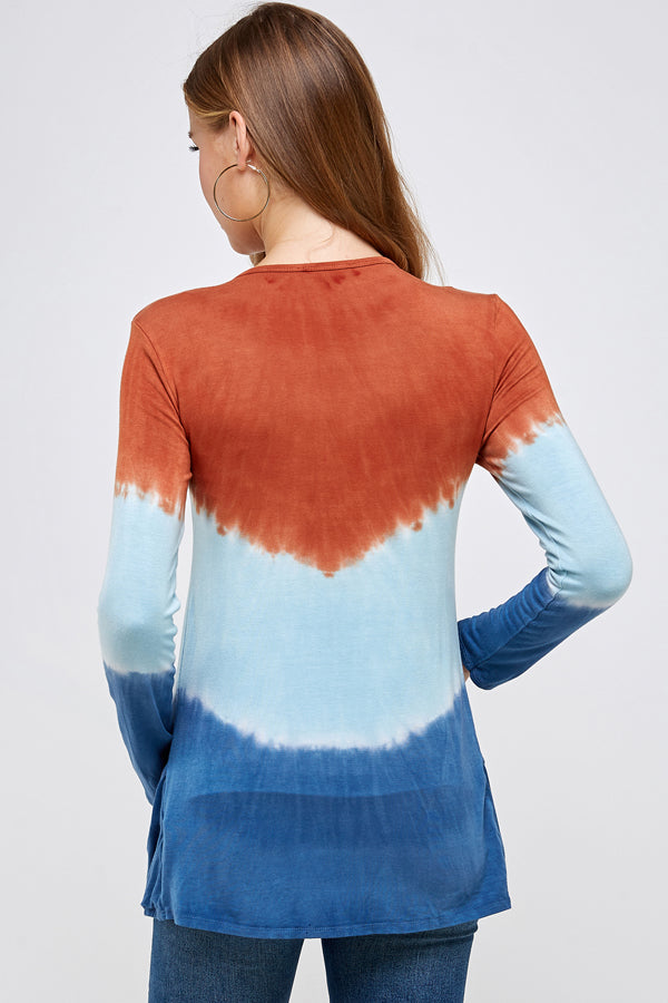 Out wear Cardigan Burnt Orange And Blue  Three Tone Dip Tie Dye Long Sleeve