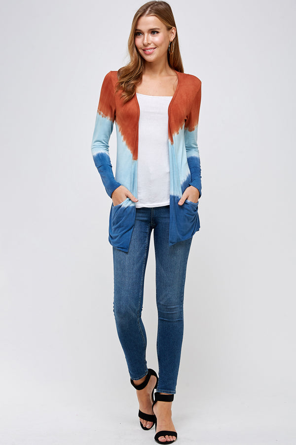 Out wear Cardigan Burnt Orange And Blue  Three Tone Dip Tie Dye Long Sleeve