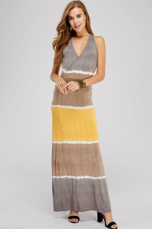 Women Long Dress - Gray, Tan & Orange Block Tie Dye Maxi Dress