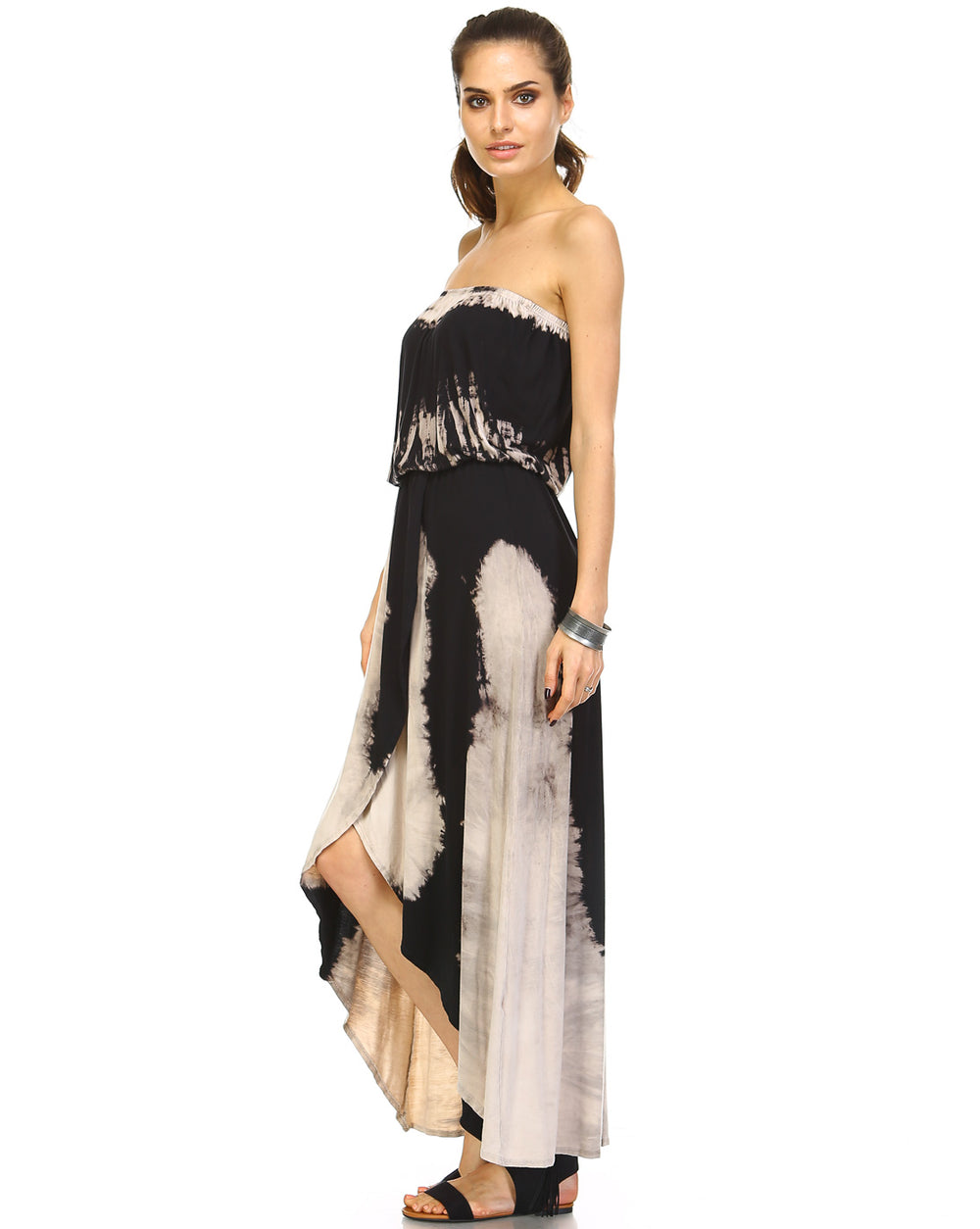 Black & Beige Two Tone Discharged Tie Dye Strapless Maxi Dress for Women