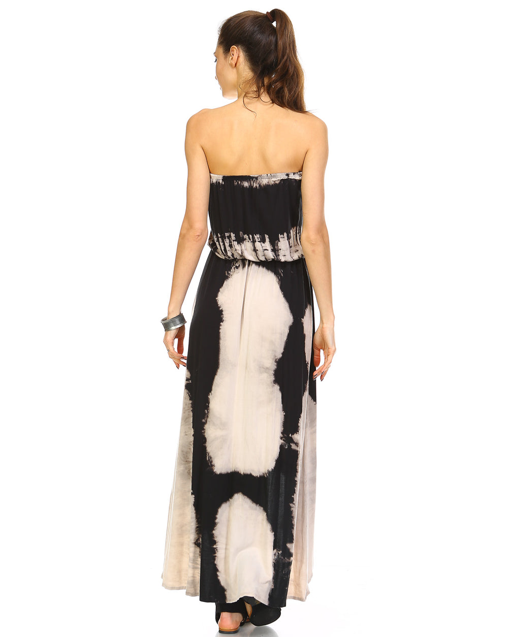 Black & Beige Two Tone Discharged Tie Dye Strapless Maxi Dress for Women