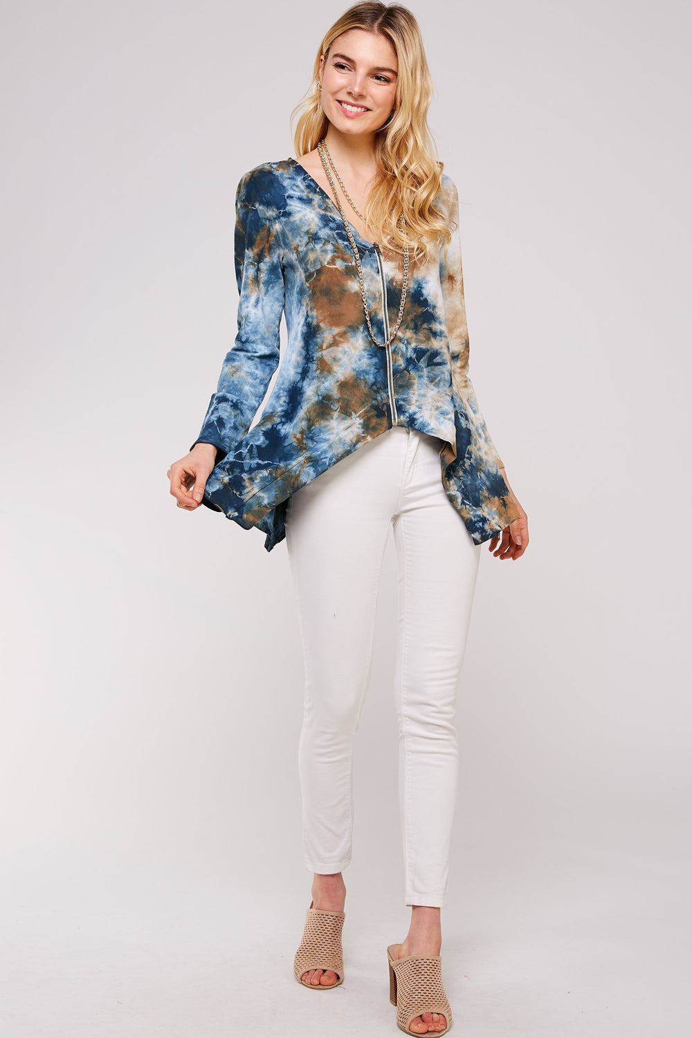 Navy And Tauoe Two Tone Crystal Cloud Tie Dye Zip Up French Long Sleeve Jacket