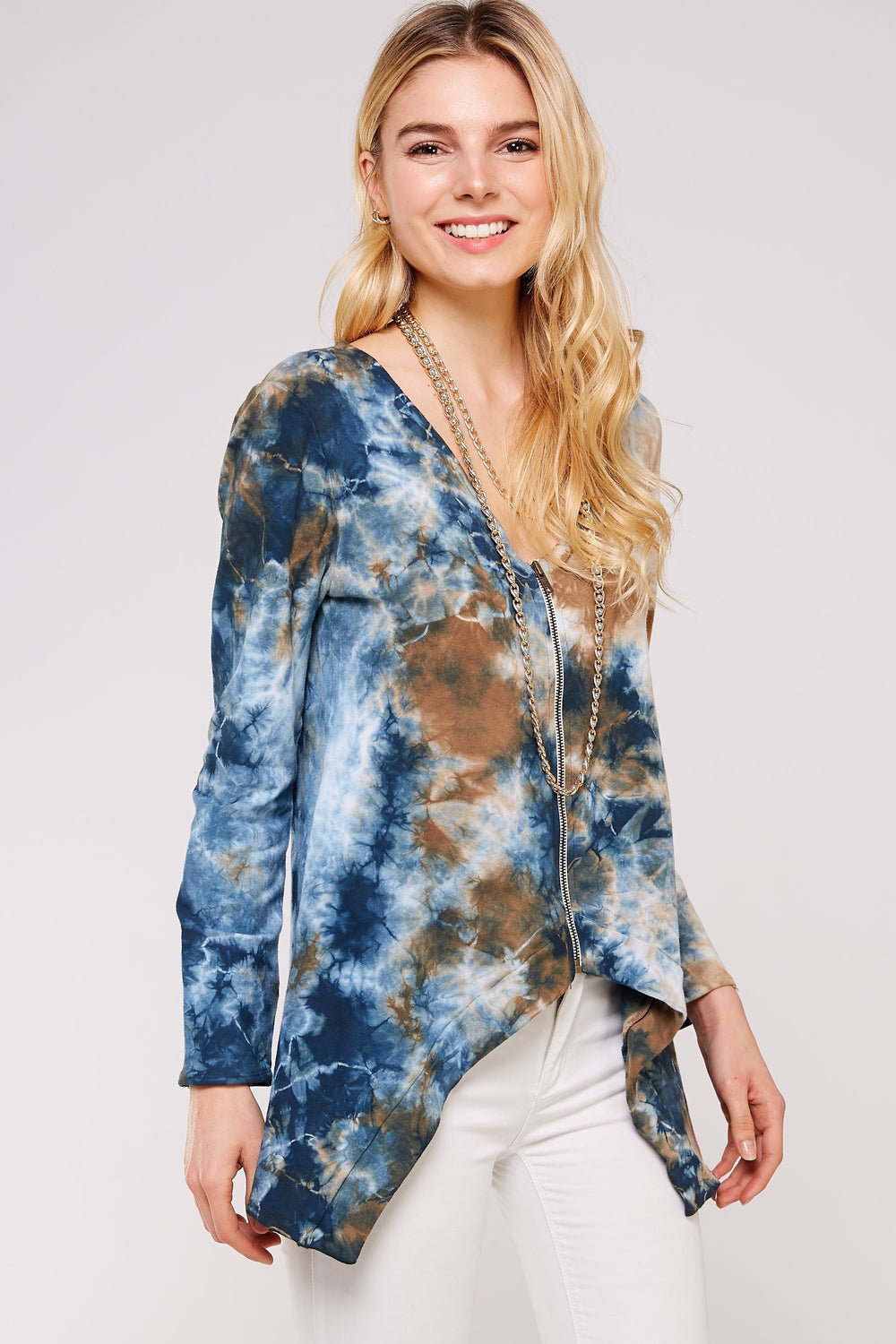 Navy And Tauoe Two Tone Crystal Cloud Tie Dye Zip Up French Long Sleeve Jacket