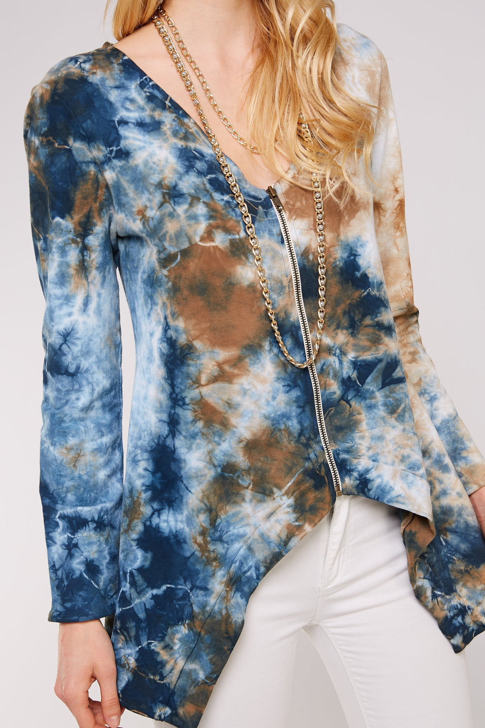 Navy And Tauoe Two Tone Crystal Cloud Tie Dye Zip Up French Long Sleeve Jacket