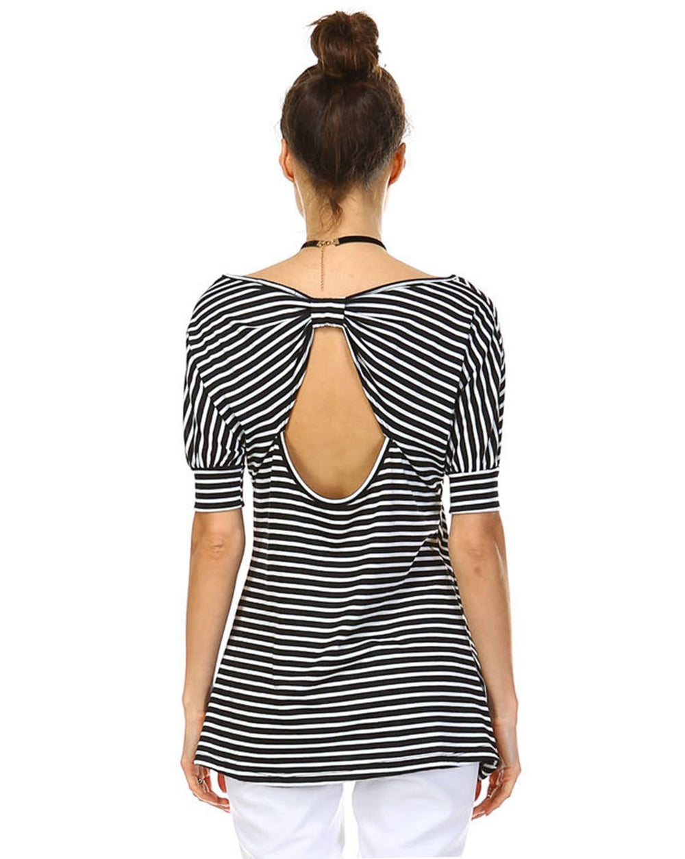 Striped Scoop Neck Half SBlouse With Ribbon Keyhole Back Detail And Banded Cuffs