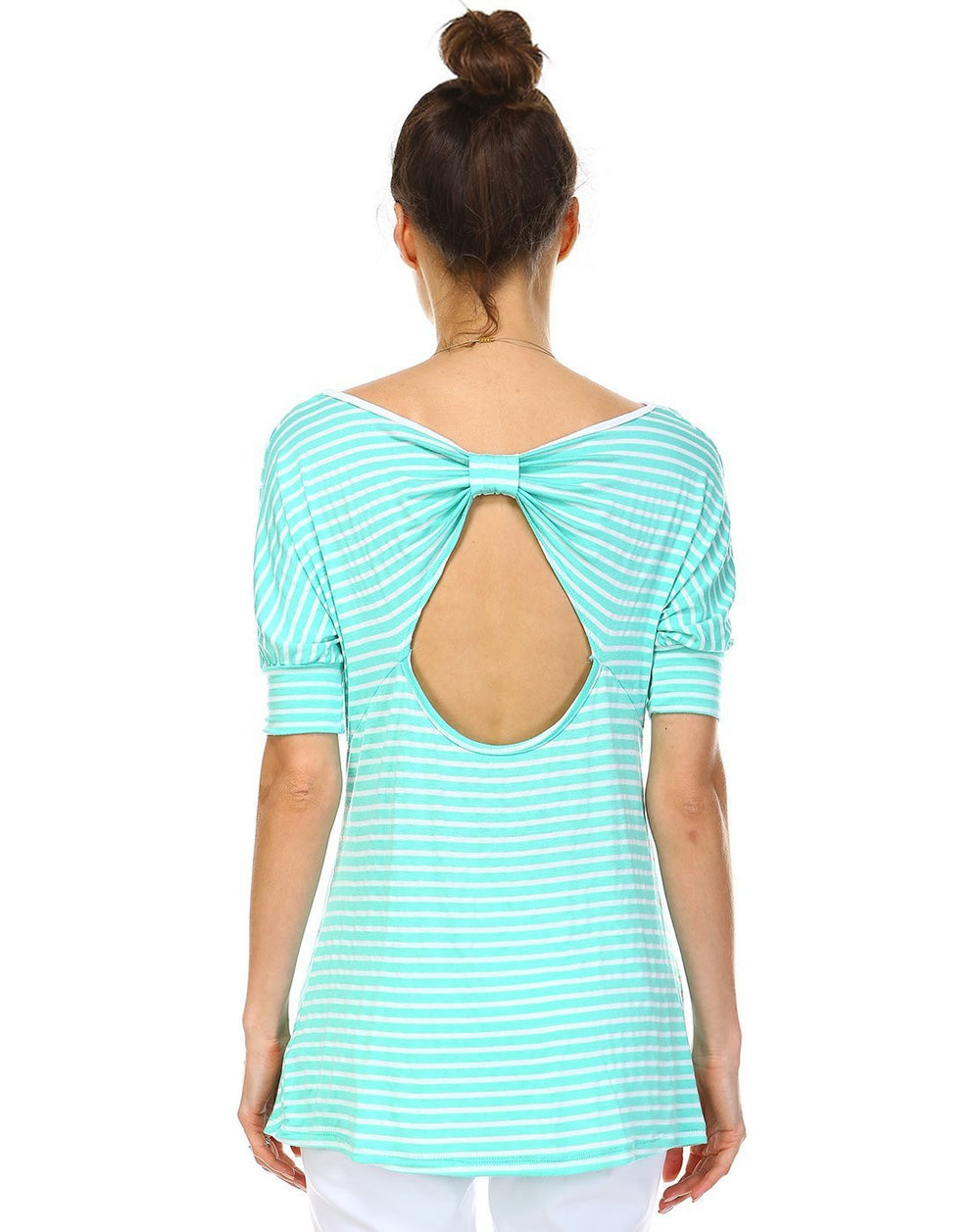 Striped Scoop Neck Half SBlouse With Ribbon Keyhole Back Detail And Banded Cuffs