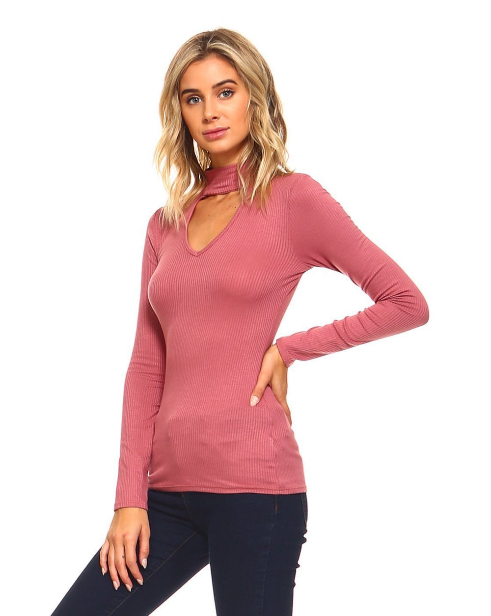 Soft Ribbed Fitted Mock Neck Long Sleeve Top