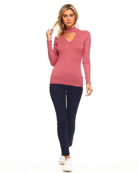 Soft Ribbed Fitted Mock Neck Long Sleeve Top