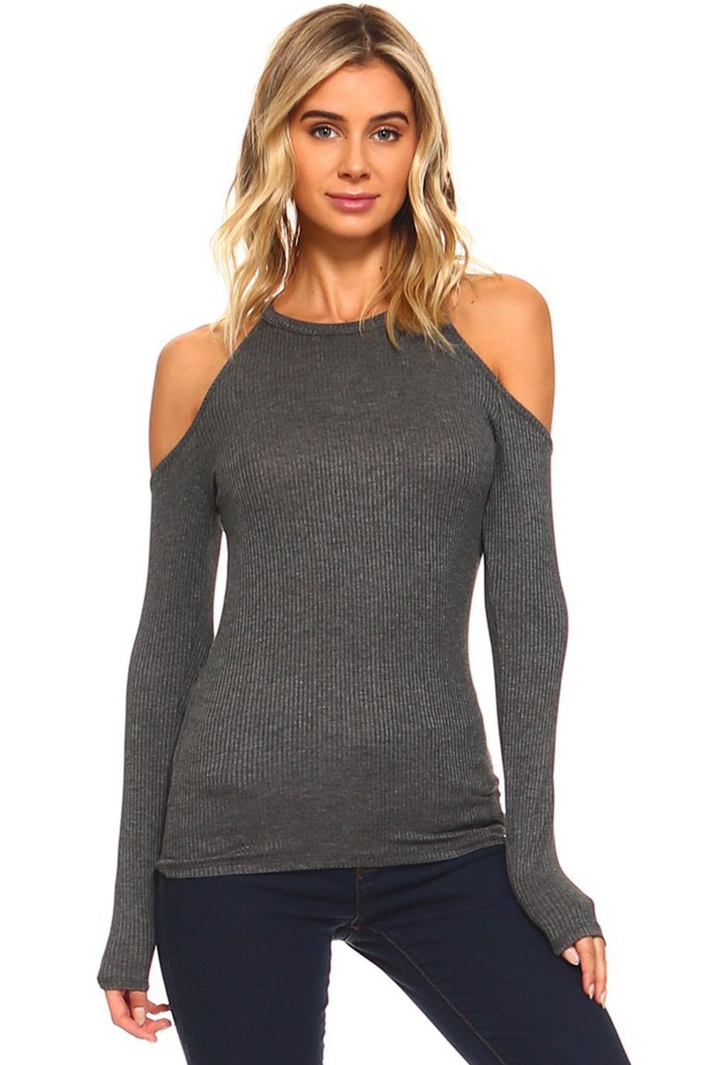 Soft Ribbed Cold Shoulder Mock Neck Fitted Long Sleeve Top