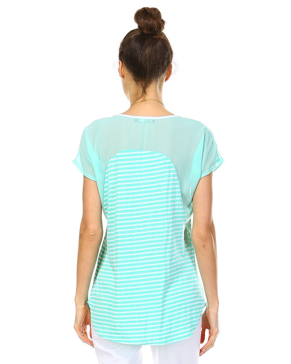 Striped Scoop Neck Short Sleeve Casual Chiffon Top With Upper Mesh Lining