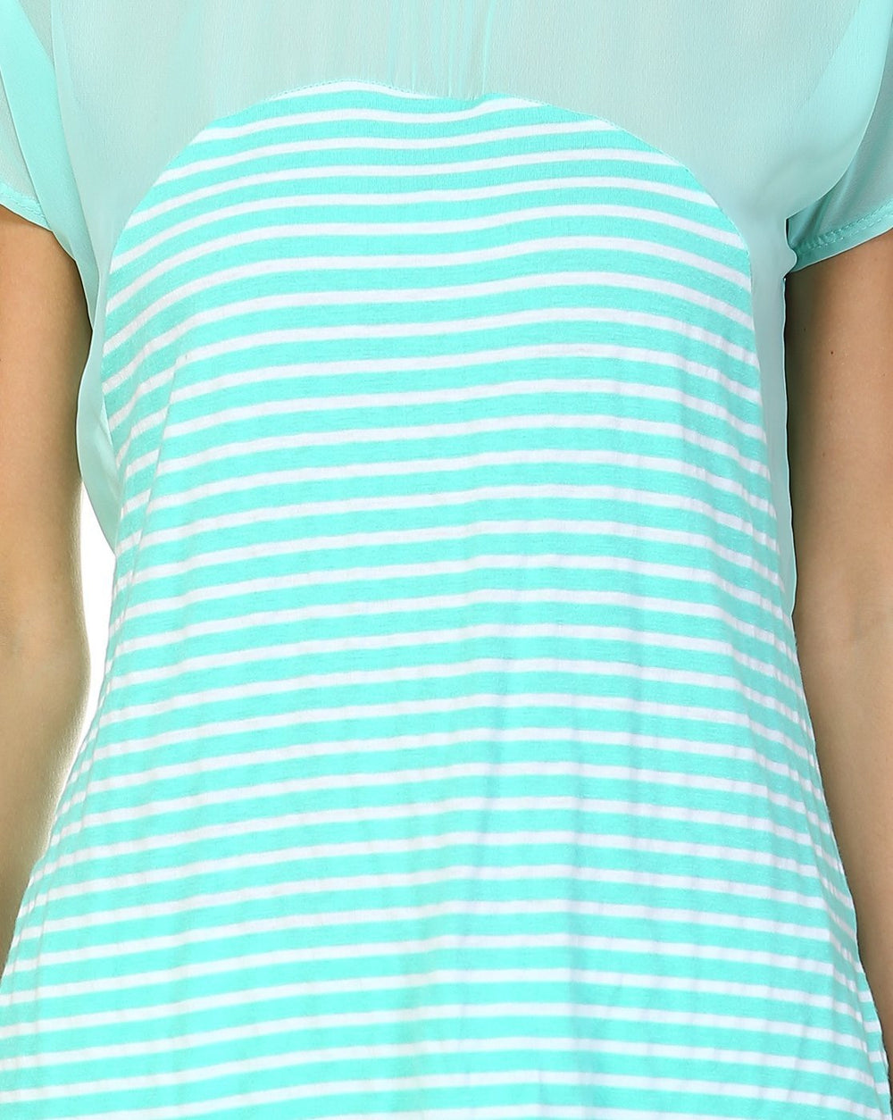 Striped Scoop Neck Short Sleeve Casual Chiffon Top With Upper Mesh Lining