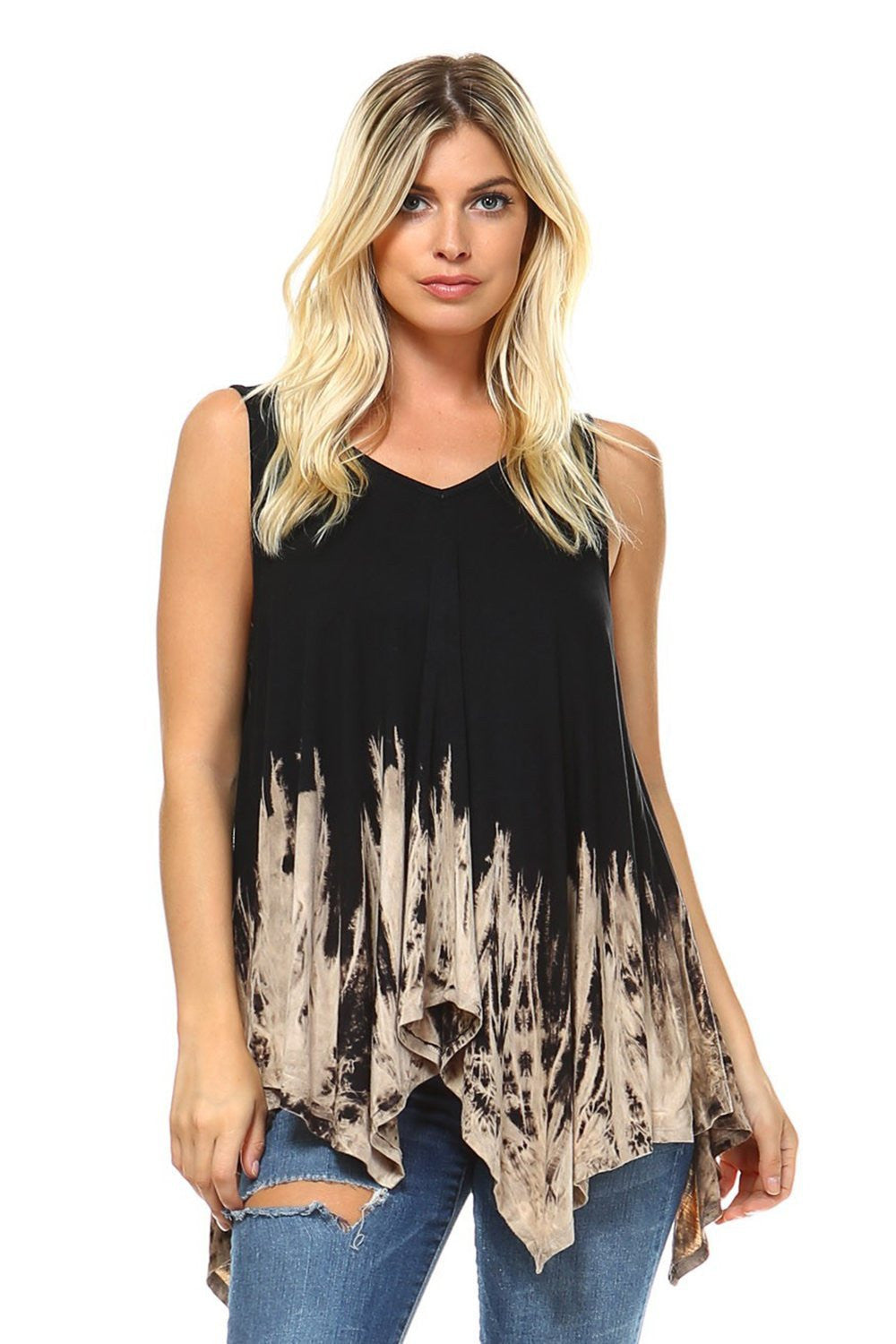 Women's Black & Mocha Rustic Two Tone Tie Dye Tank Tops