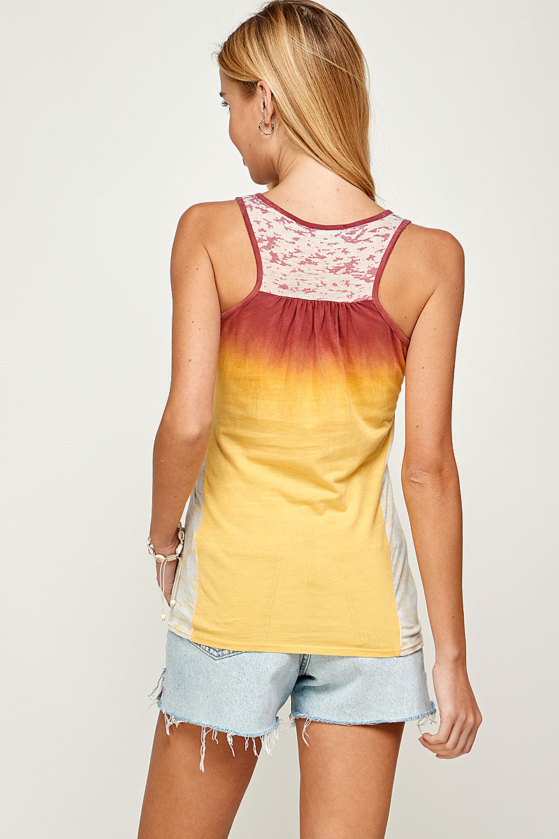 Women Tank Top -Urban X Sunset Yellow Ombre Dye Tank top with Burnout contrast and drawstring