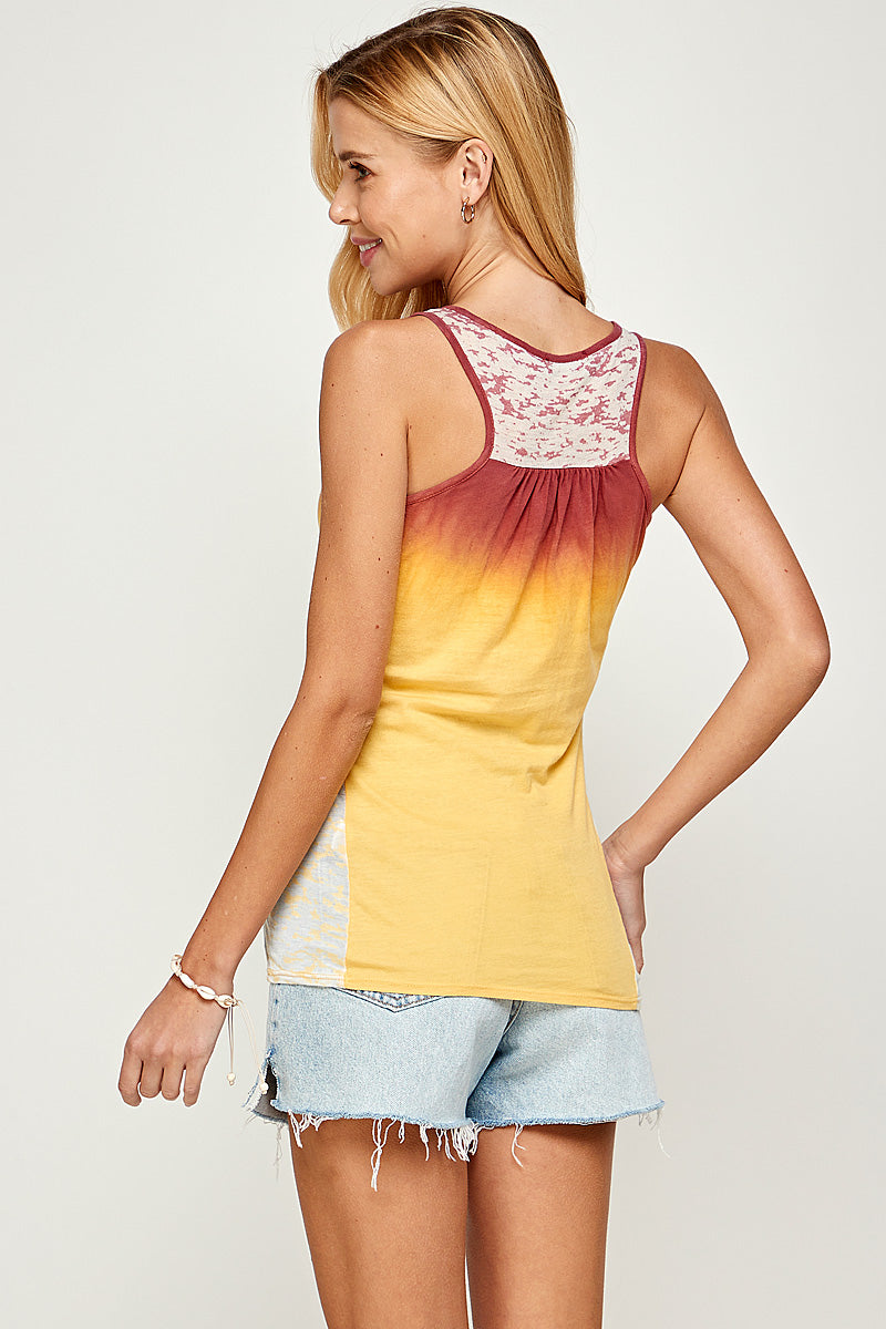 Women Tank Top -Urban X Sunset Yellow Ombre Dye Tank top with Burnout contrast and drawstring